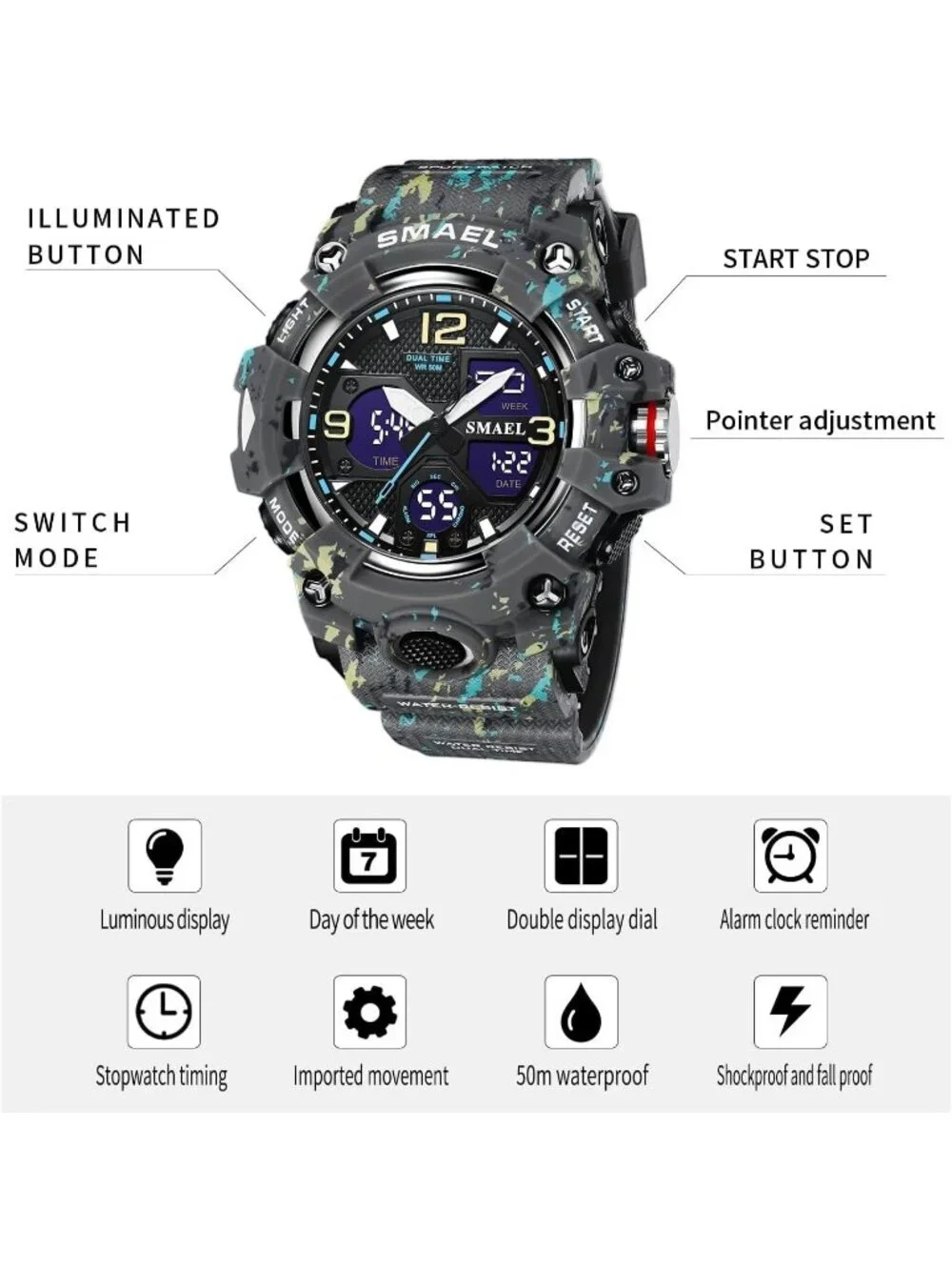 Mens Camo Grey Analog Quartz S-Shock Waterproof Outdoor Sports LED Digital Watch
